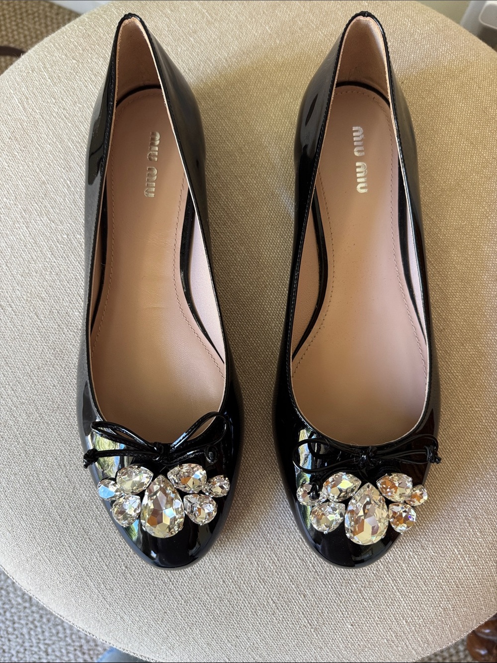 Miu Miu Black Patent Swaralski Crystal-Embellished Ballet Flats - Never Worn